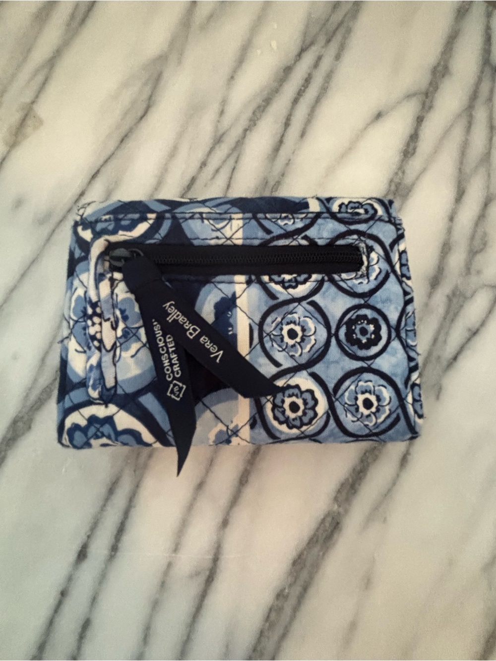 Vera Bradley Navy and Light Blue Quilted Floral Zip Wallet